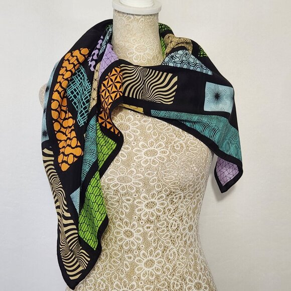 Vintage Escada Multi-Color Patchwork Quilt Black Background Silk Scarf Luxury - Picture 2 of 13